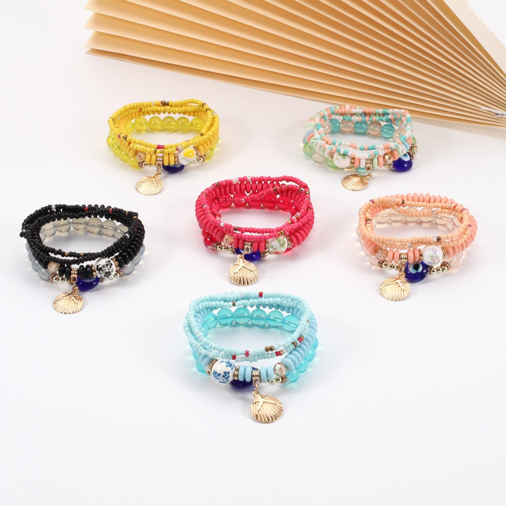Bohemia Multilayer Elastic Weave Bracelets Set For Women Heart Butterfly Evil Eye Beads Combination Bracelet Charm Jewelry Gifts