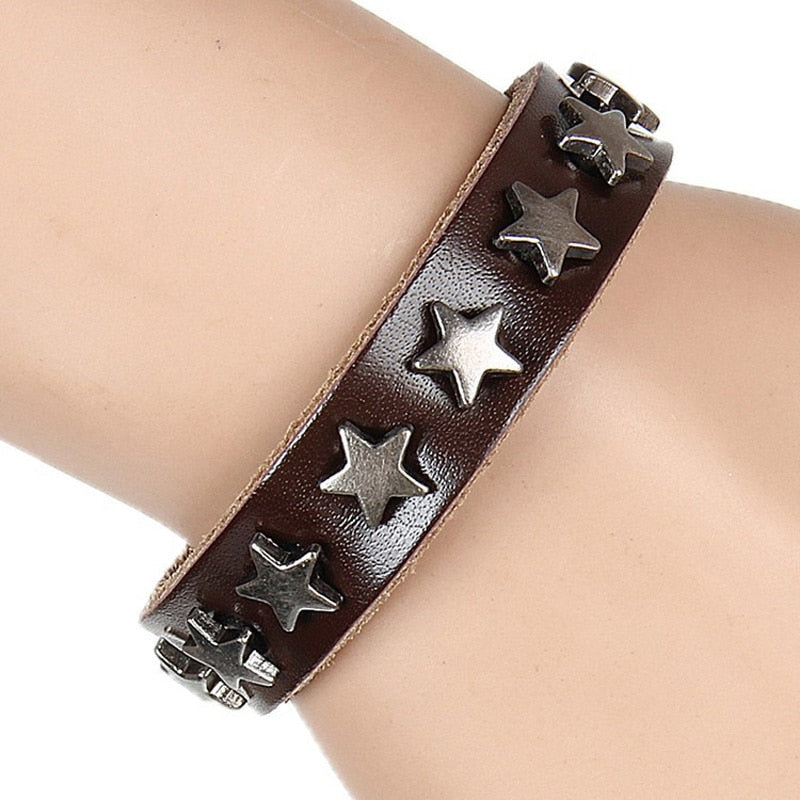 ZMZY Snap Punk Rock Wrap Leather Bracelet Men Vintage Star Spikes Rivet Gothic Wide Cuff Bracelets For Women Jewelry