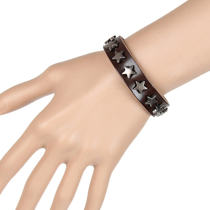 ZMZY Snap Punk Rock Wrap Leather Bracelet Men Vintage Star Spikes Rivet Gothic Wide Cuff Bracelets For Women Jewelry
