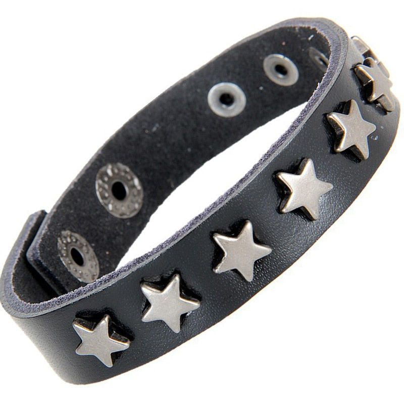 ZMZY Snap Punk Rock Wrap Leather Bracelet Men Vintage Star Spikes Rivet Gothic Wide Cuff Bracelets For Women Jewelry