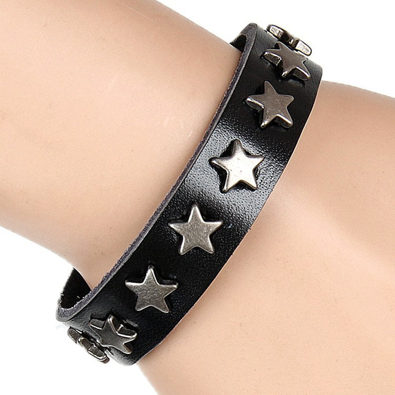 ZMZY Snap Punk Rock Wrap Leather Bracelet Men Vintage Star Spikes Rivet Gothic Wide Cuff Bracelets For Women Jewelry