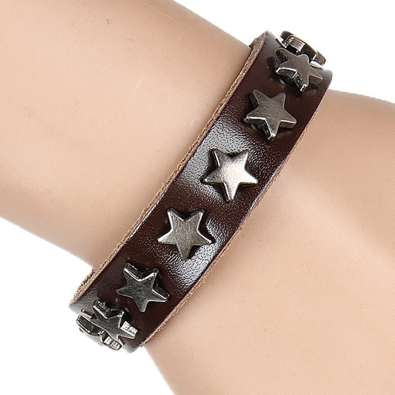 ZMZY Snap Punk Rock Wrap Leather Bracelet Men Vintage Star Spikes Rivet Gothic Wide Cuff Bracelets For Women Jewelry