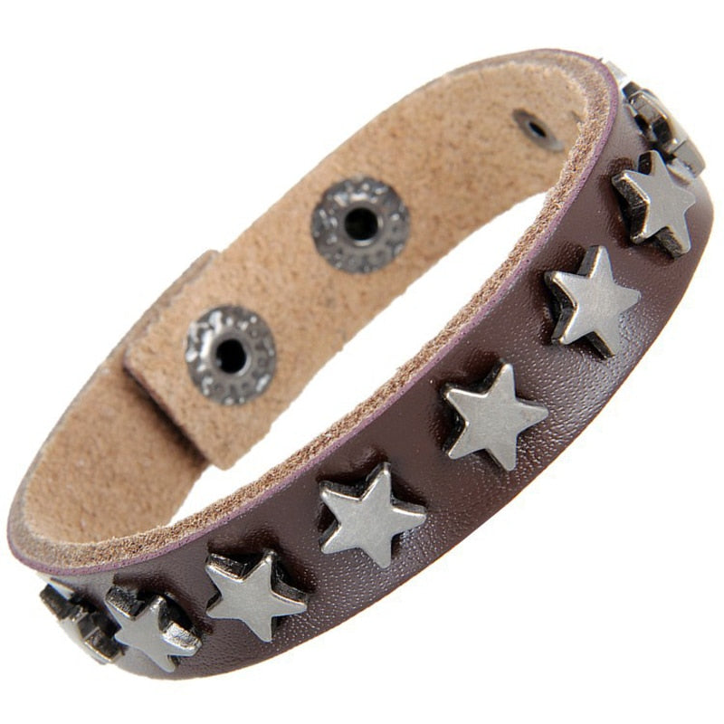 ZMZY Snap Punk Rock Wrap Leather Bracelet Men Vintage Star Spikes Rivet Gothic Wide Cuff Bracelets For Women Jewelry