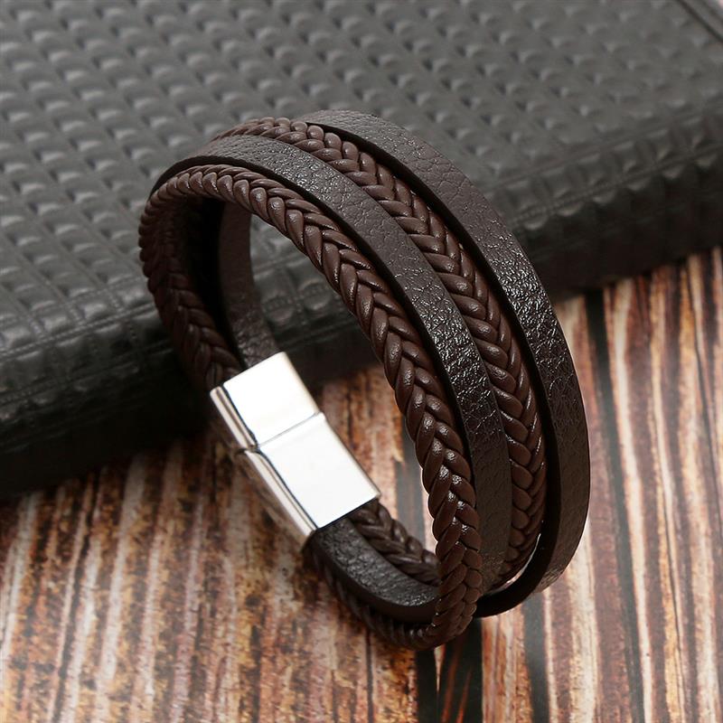 New Braided Leather Men Bracelet Classic Hand-woven Magnetic Buckle Multi-layer Leather Bracelet For Men Jewelry Gift