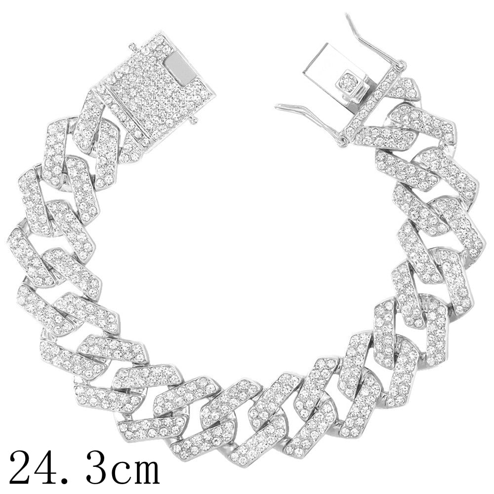 14/20MM Hip Hop Metal Cuban Bracelet Iced Out Chain Bling Full Rhinestone Pave Luxury Crystal Bracelet For Men