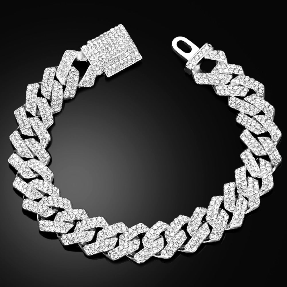14/20MM Hip Hop Metal Cuban Bracelet Iced Out Chain Bling Full Rhinestone Pave Luxury Crystal Bracelet For Men
