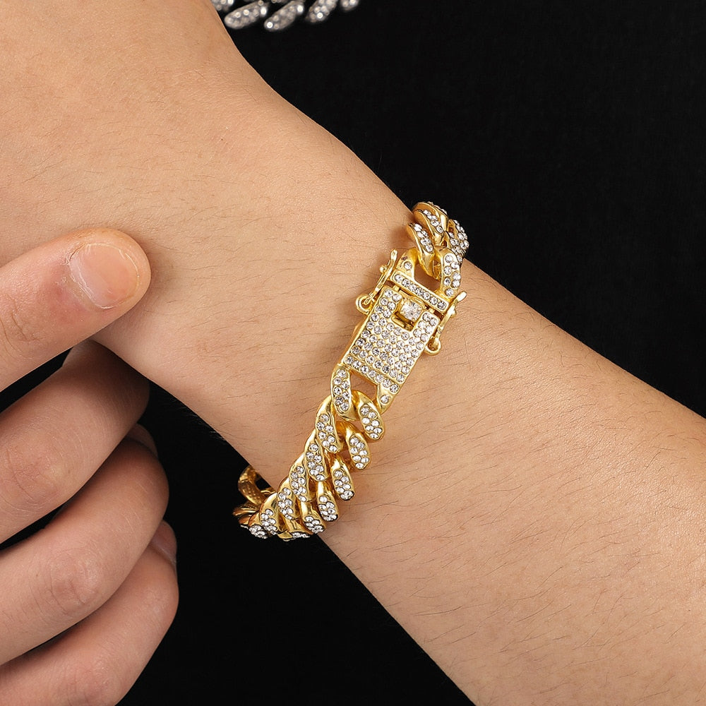 HipHop Men Women 13MM Prong Cuban Link Chain Bracelet Bling Iced Out 2 Row Rhinestone Paved Miami Rhombus Cuban Chain Jewelry
