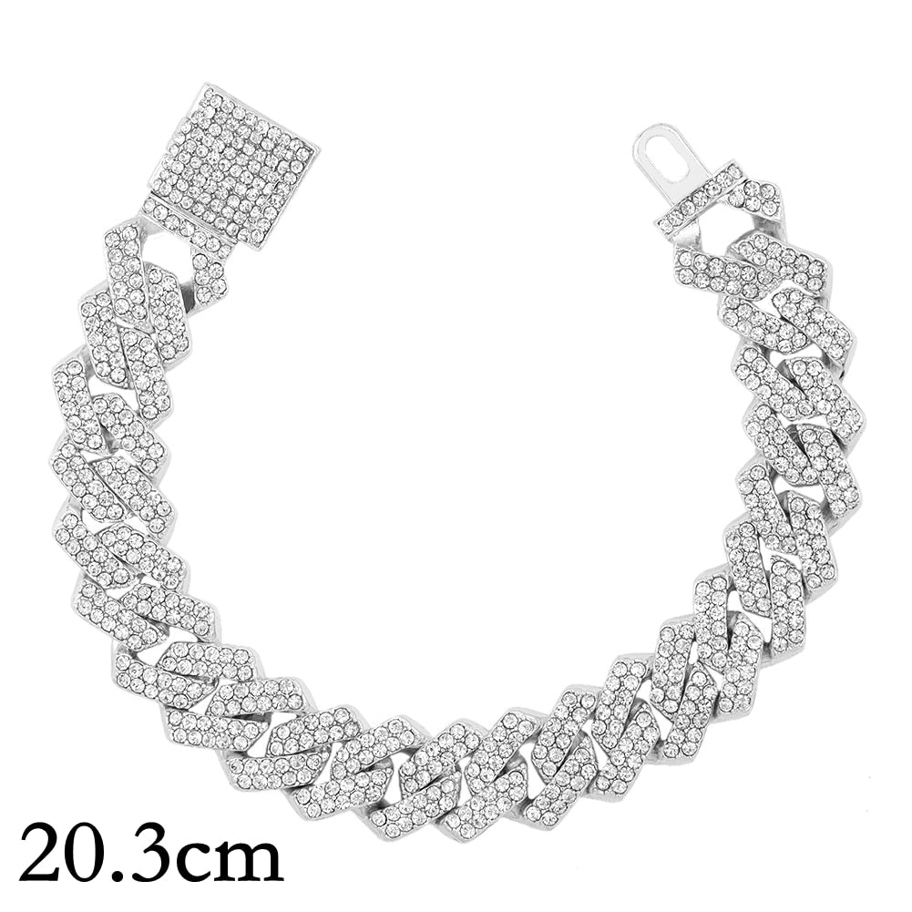 14/20MM Hip Hop Metal Cuban Bracelet Iced Out Chain Bling Full Rhinestone Pave Luxury Crystal Bracelet For Men