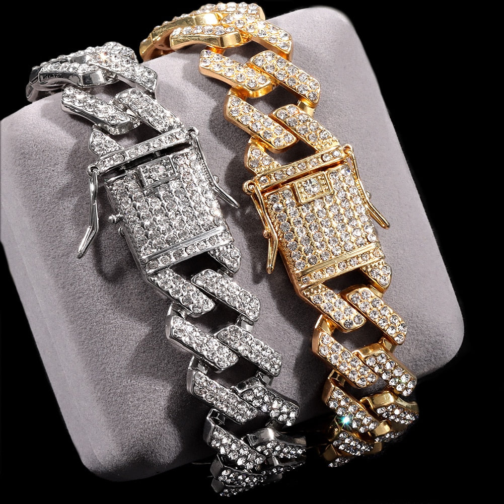 14/20MM Hip Hop Metal Cuban Bracelet Iced Out Chain Bling Full Rhinestone Pave Luxury Crystal Bracelet For Men