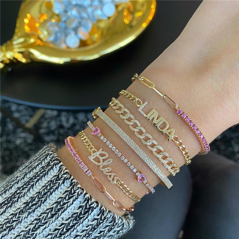 BOAKO Silver Stamp 18K Gold Ladies Cubic Zirconia Tennis Bracelet Women Girl Fashion Box Chain Bracelets Jewelry Bangles on Hand
