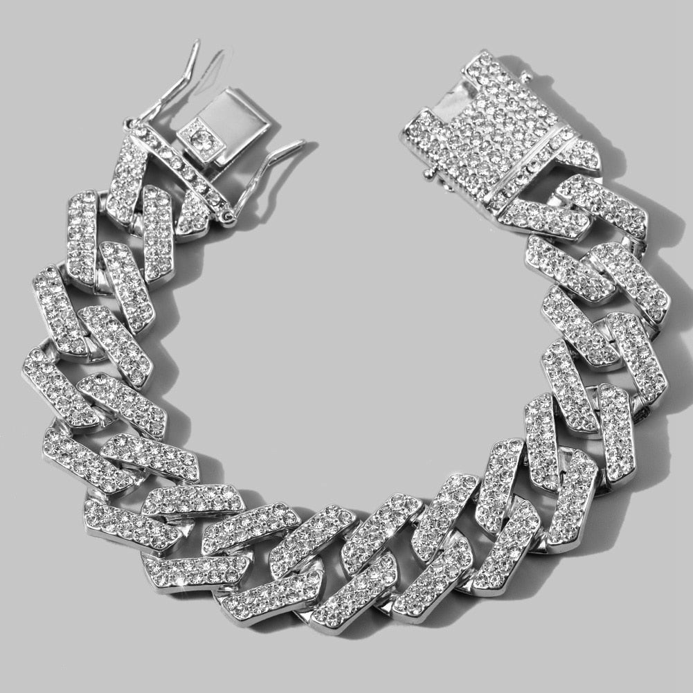 14/20MM Hip Hop Metal Cuban Bracelet Iced Out Chain Bling Full Rhinestone Pave Luxury Crystal Bracelet For Men
