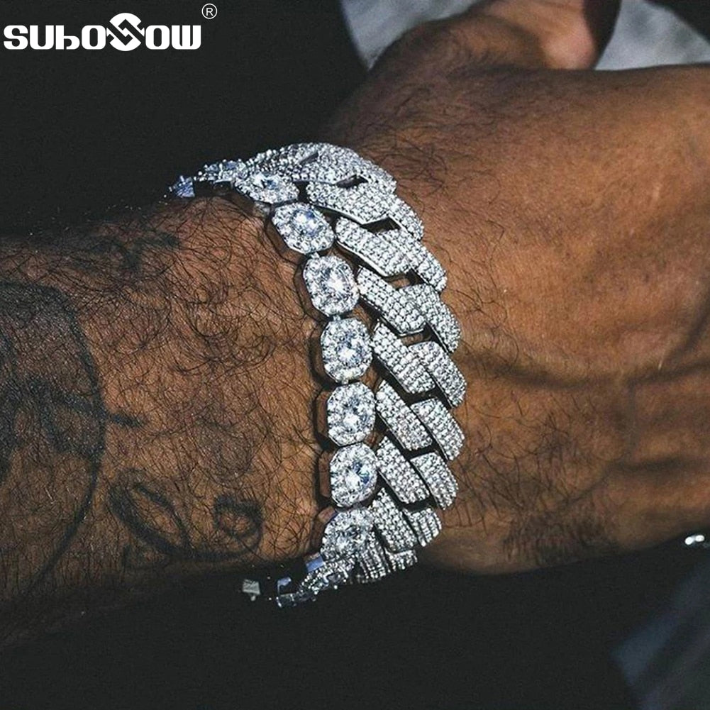 14/20MM Hip Hop Metal Cuban Bracelet Iced Out Chain Bling Full Rhinestone Pave Luxury Crystal Bracelet For Men