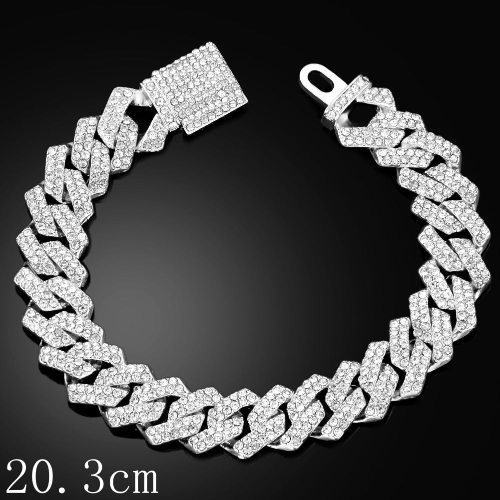 Hip Hop Bling Iced Out Crystal Cuban Link Bracelet For Women Men Gold Silver Color Full Rhinestones Miami Cuban Bracelet Jewelry