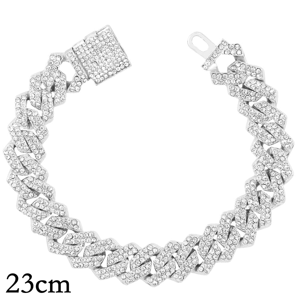 14/20MM Hip Hop Metal Cuban Bracelet Iced Out Chain Bling Full Rhinestone Pave Luxury Crystal Bracelet For Men