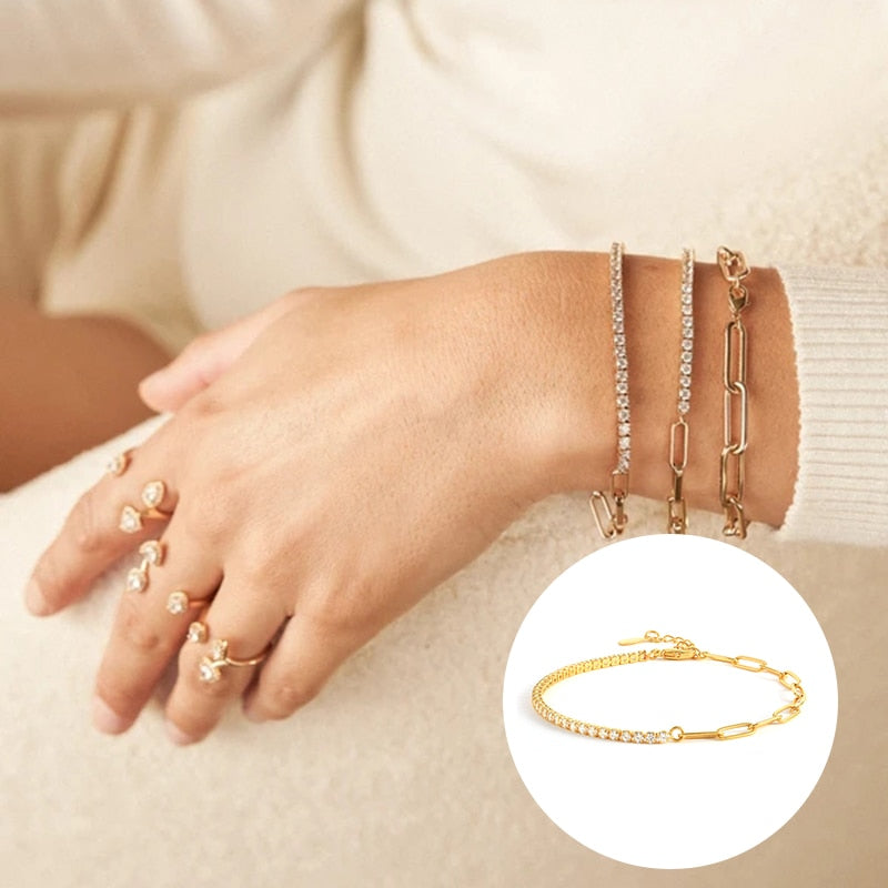 BOAKO Silver Stamp 18K Gold Ladies Cubic Zirconia Tennis Bracelet Women Girl Fashion Box Chain Bracelets Jewelry Bangles on Hand