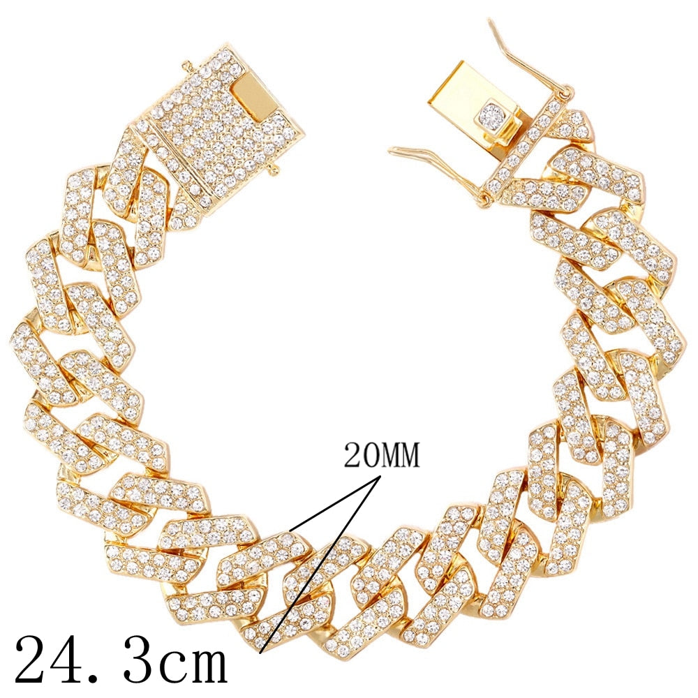 14/20MM Hip Hop Metal Cuban Bracelet Iced Out Chain Bling Full Rhinestone Pave Luxury Crystal Bracelet For Men