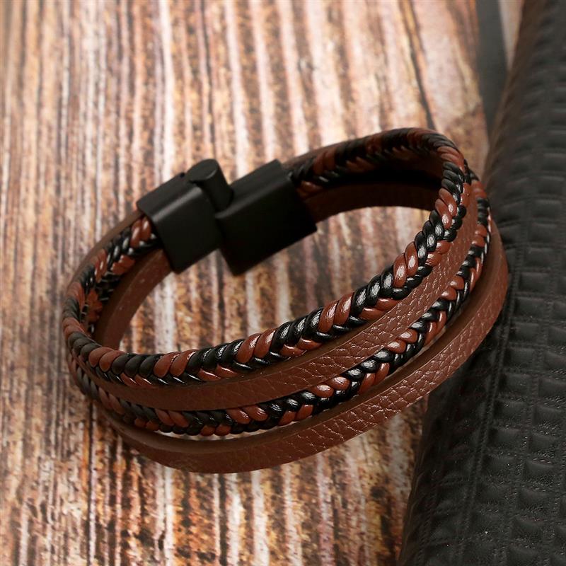 New Braided Leather Men Bracelet Classic Hand-woven Magnetic Buckle Multi-layer Leather Bracelet For Men Jewelry Gift