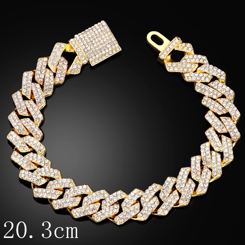 Hip Hop Bling Iced Out Crystal Cuban Link Bracelet For Women Men Gold Silver Color Full Rhinestones Miami Cuban Bracelet Jewelry