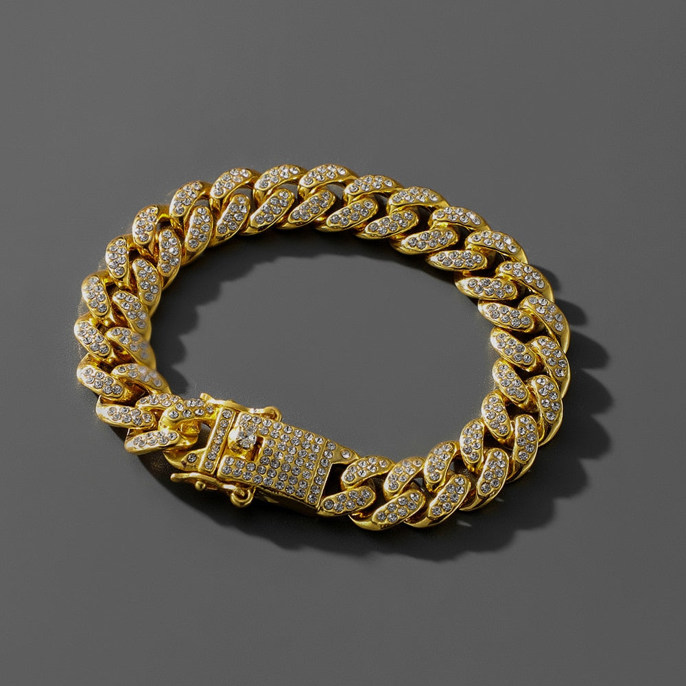 HipHop Men Women 13MM Prong Cuban Link Chain Bracelet Bling Iced Out 2 Row Rhinestone Paved Miami Rhombus Cuban Chain Jewelry