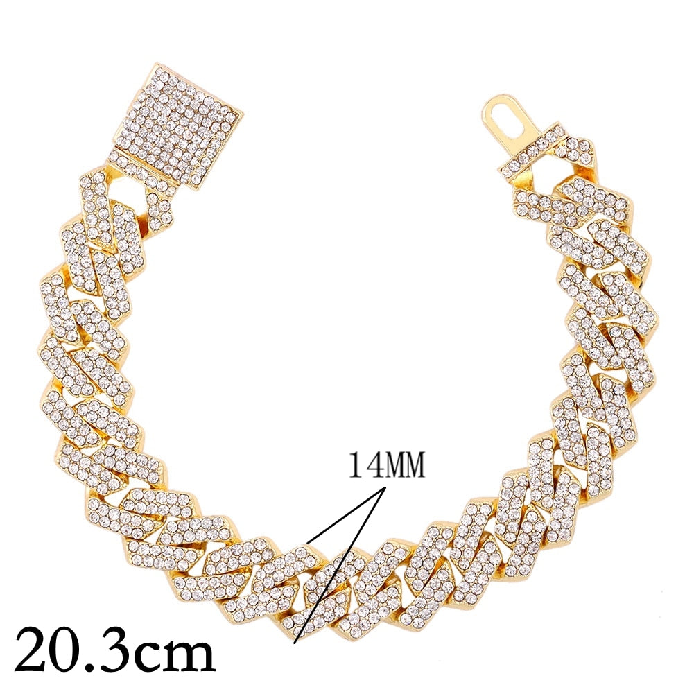14/20MM Hip Hop Metal Cuban Bracelet Iced Out Chain Bling Full Rhinestone Pave Luxury Crystal Bracelet For Men