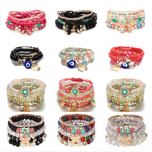 Bohemia Multilayer Elastic Weave Bracelets Set For Women Heart Butterfly Evil Eye Beads Combination Bracelet Charm Jewelry Gifts