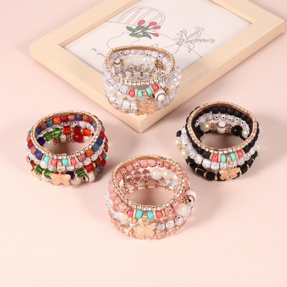 Bohemia Multilayer Elastic Weave Bracelets Set For Women Heart Butterfly Evil Eye Beads Combination Bracelet Charm Jewelry Gifts