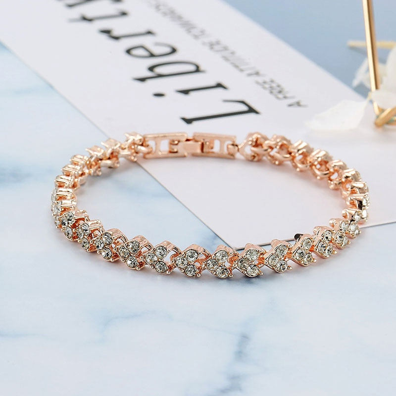 Luxury Roman Crystal Bracelet For Women Fashion Heart Chain Bracelets Rhinestone Bangle Wedding Bridal Jewelry Accessories Gifts