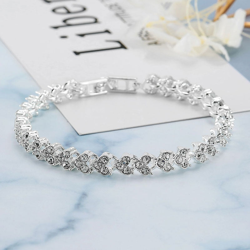 Luxury Roman Crystal Bracelet For Women Fashion Heart Chain Bracelets Rhinestone Bangle Wedding Bridal Jewelry Accessories Gifts