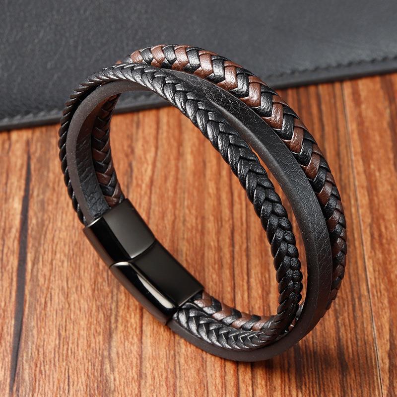 New Braided Leather Men Bracelet Classic Hand-woven Magnetic Buckle Multi-layer Leather Bracelet For Men Jewelry Gift