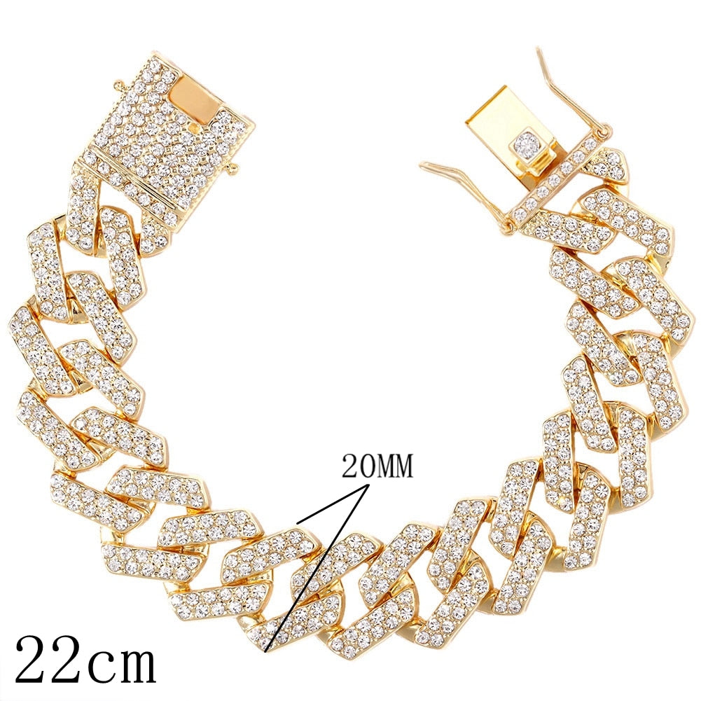 14/20MM Hip Hop Metal Cuban Bracelet Iced Out Chain Bling Full Rhinestone Pave Luxury Crystal Bracelet For Men