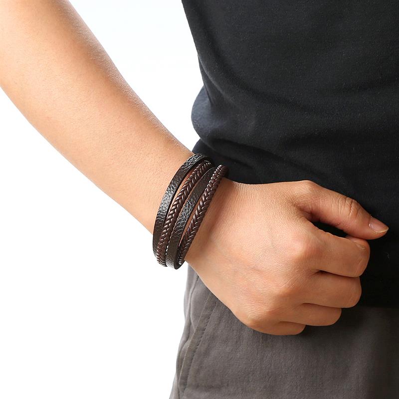 New Braided Leather Men Bracelet Classic Hand-woven Magnetic Buckle Multi-layer Leather Bracelet For Men Jewelry Gift