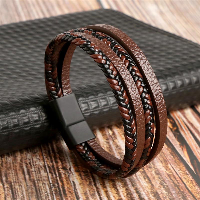 New Braided Leather Men Bracelet Classic Hand-woven Magnetic Buckle Multi-layer Leather Bracelet For Men Jewelry Gift