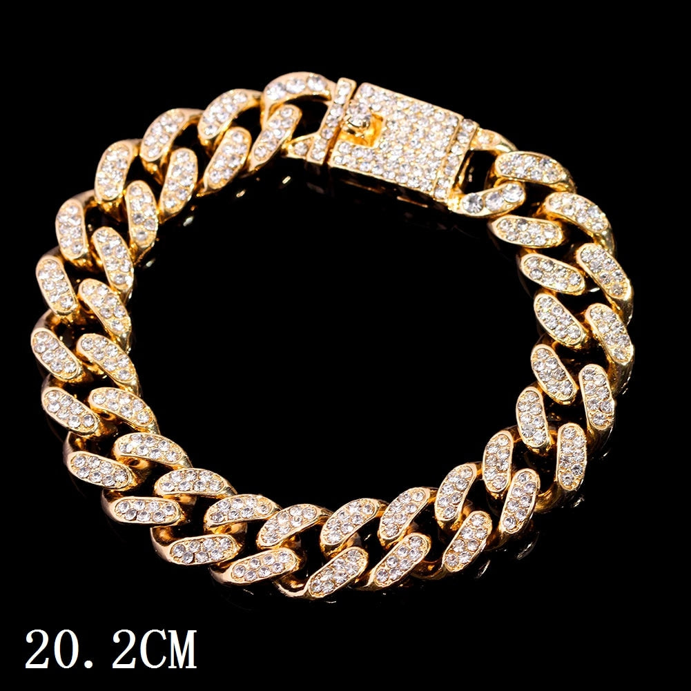 Hip Hop Bling Iced Out Crystal Cuban Link Bracelet For Women Men Gold Silver Color Full Rhinestones Miami Cuban Bracelet Jewelry