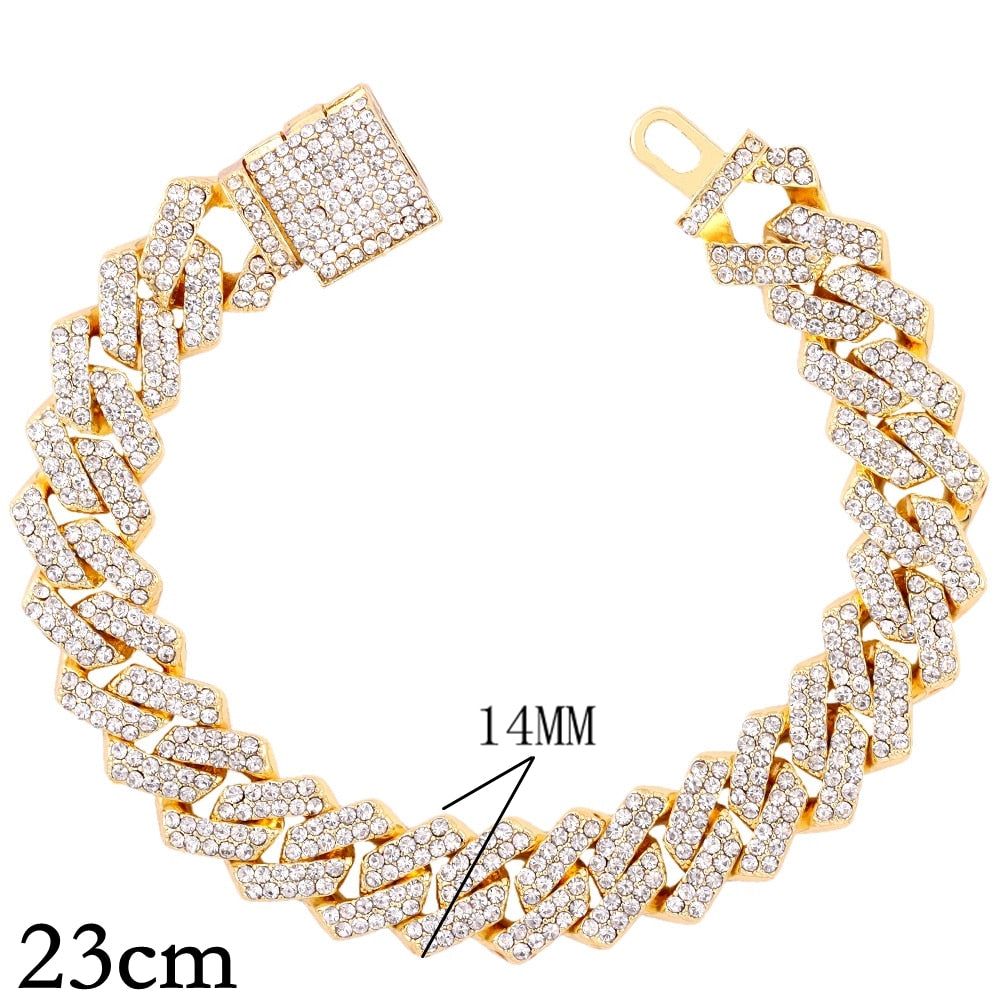 14/20MM Hip Hop Metal Cuban Bracelet Iced Out Chain Bling Full Rhinestone Pave Luxury Crystal Bracelet For Men