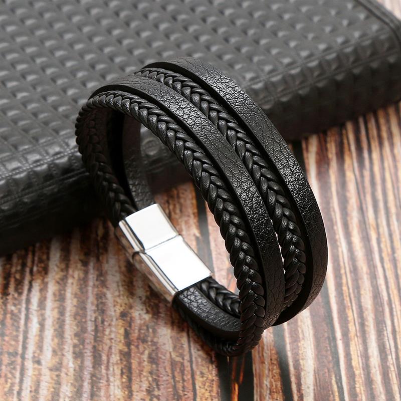 New Braided Leather Men Bracelet Classic Hand-woven Magnetic Buckle Multi-layer Leather Bracelet For Men Jewelry Gift