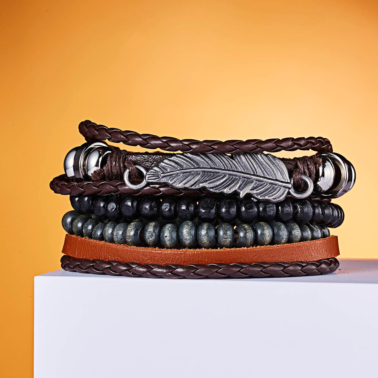 Vintage Multiple Layers Leather Bracelet Set For Women Men Leaf Feather Handmade Braided Wrap Charm Bracelet Jewelry Accessories