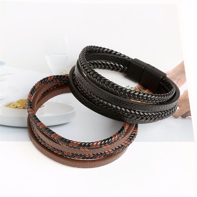 New Braided Leather Men Bracelet Classic Hand-woven Magnetic Buckle Multi-layer Leather Bracelet For Men Jewelry Gift